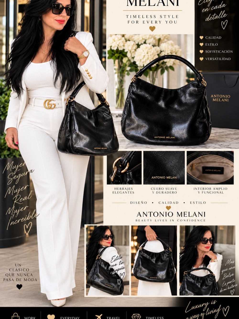 ANTONIO MELANI Black Leather Shoulder Hobo Bag with Gold Hardware